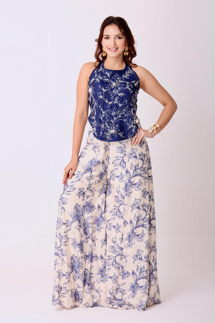 Navy Embroidered Top With Ivory Floral Pants