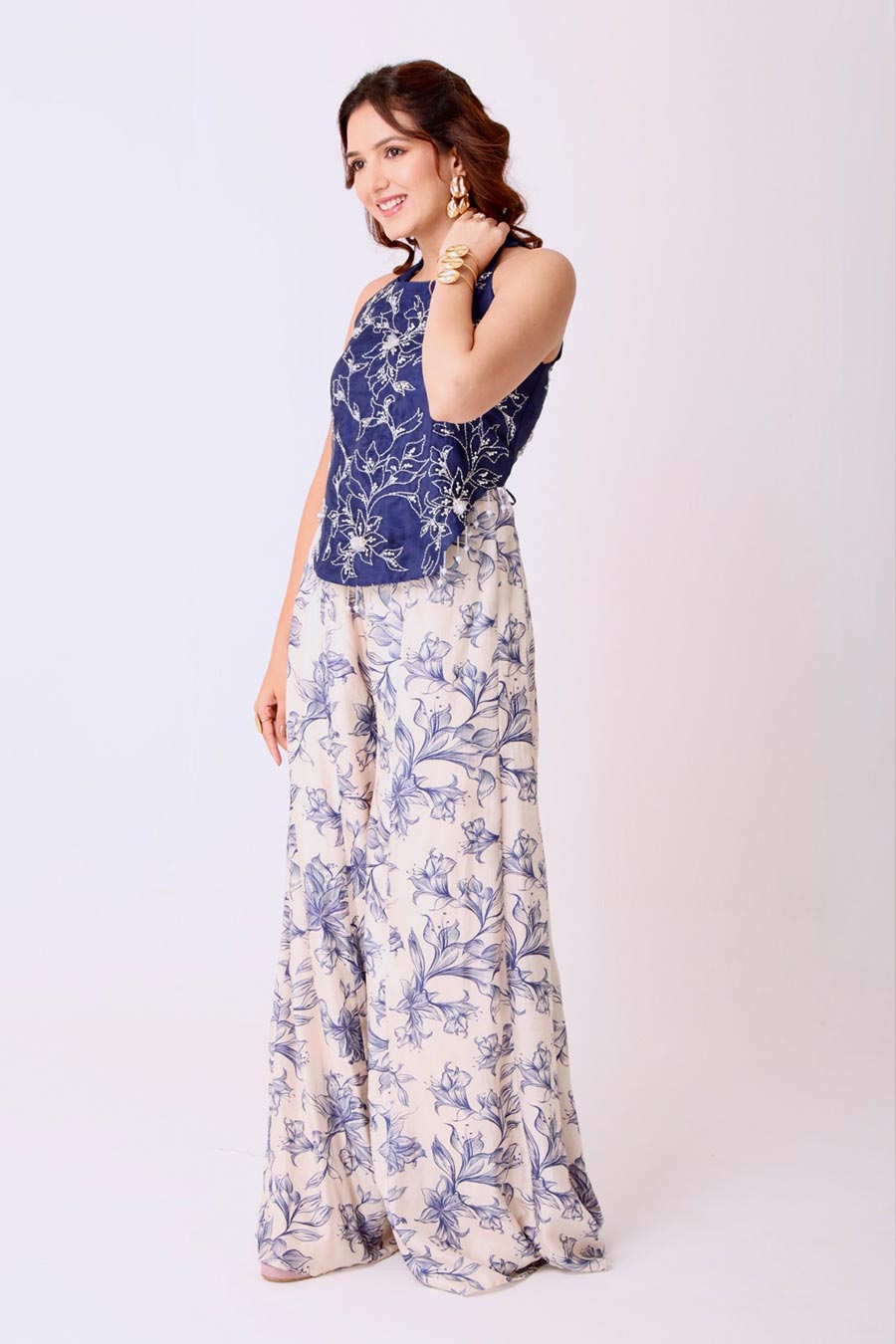 Navy Embroidered Top With Ivory Floral Pants
