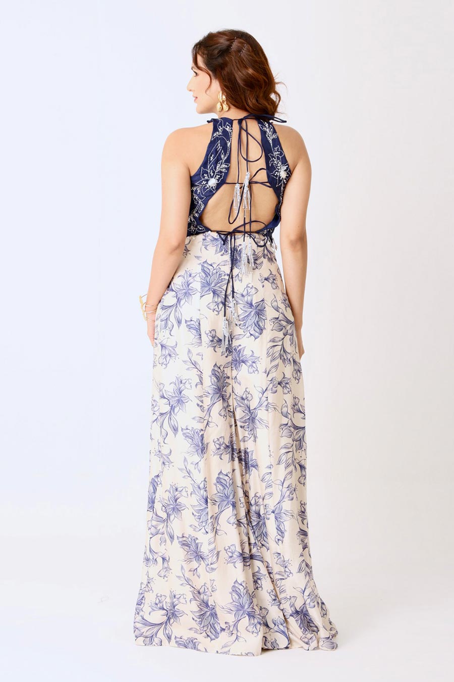 Navy Embroidered Top With Ivory Floral Pants