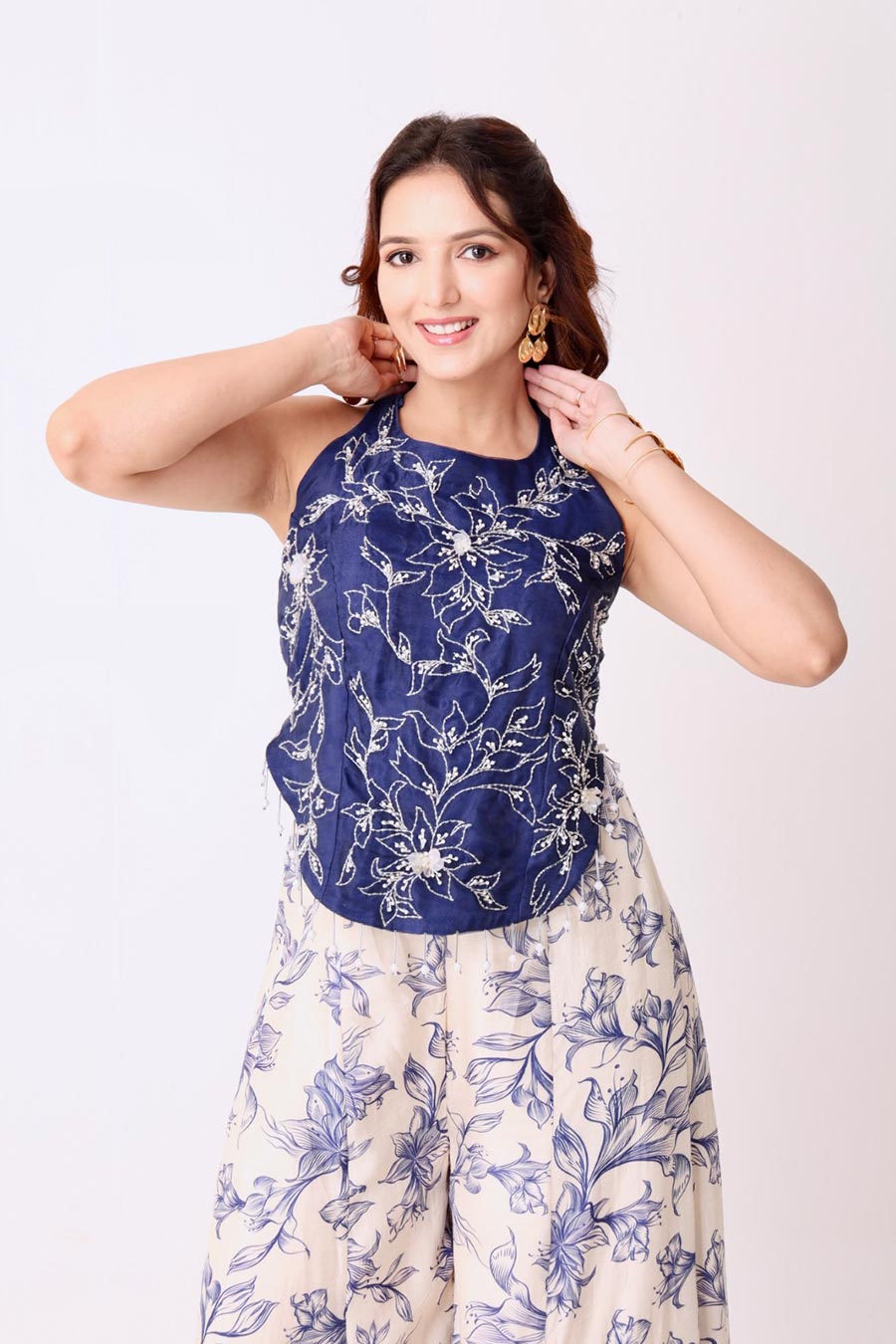 Navy Embroidered Top With Ivory Floral Pants