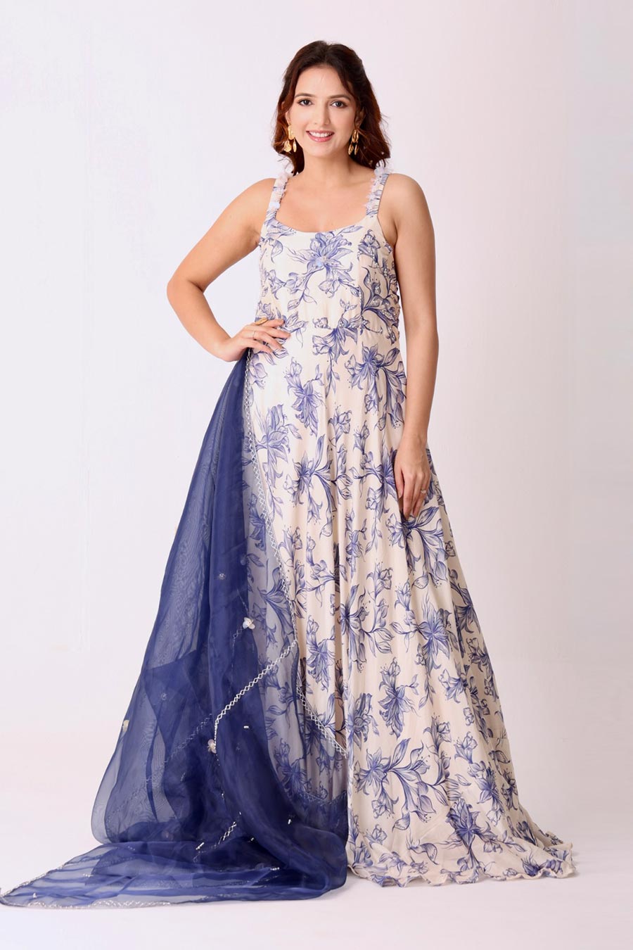Ivory Embroidered Anarkali With Navy Organza Dupatta