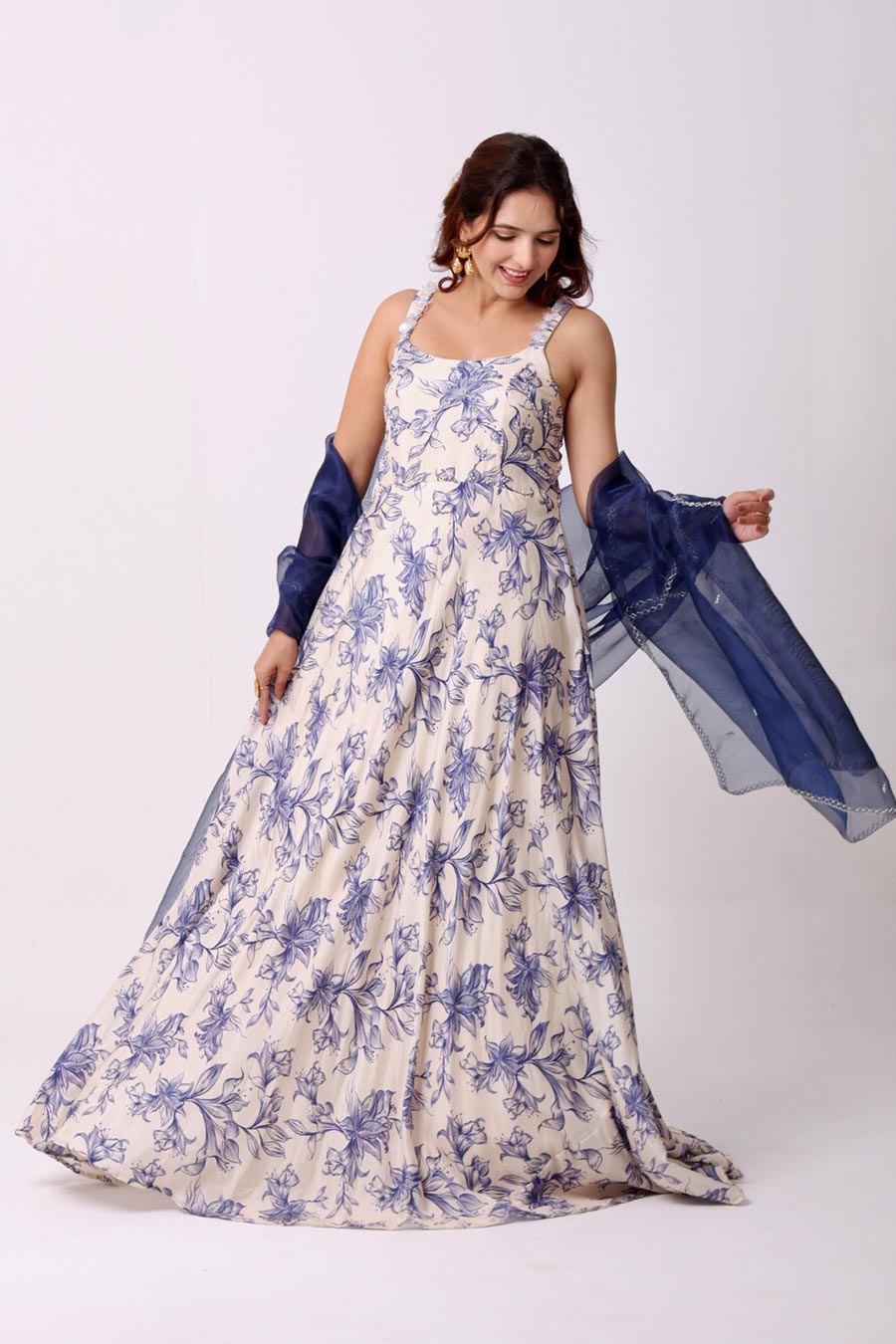 Ivory Embroidered Anarkali With Navy Organza Dupatta