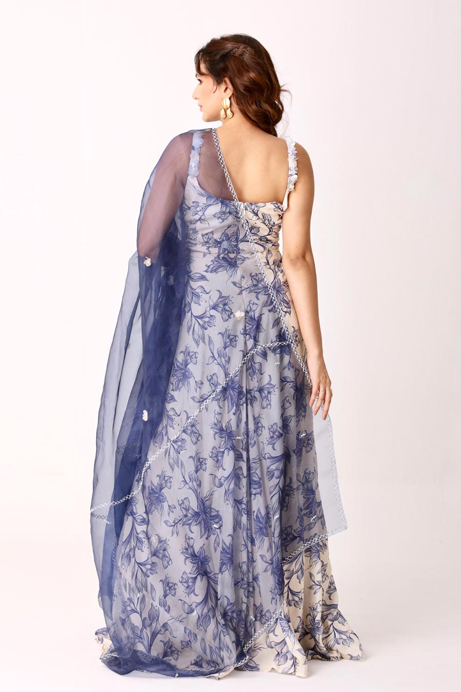 Ivory Embroidered Anarkali With Navy Organza Dupatta