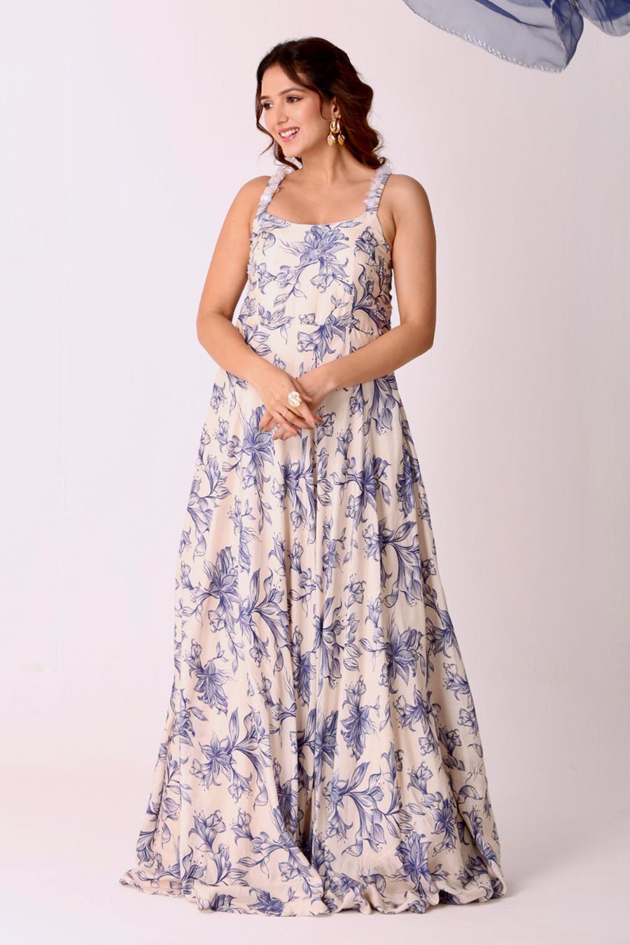 Ivory Embroidered Anarkali With Navy Organza Dupatta