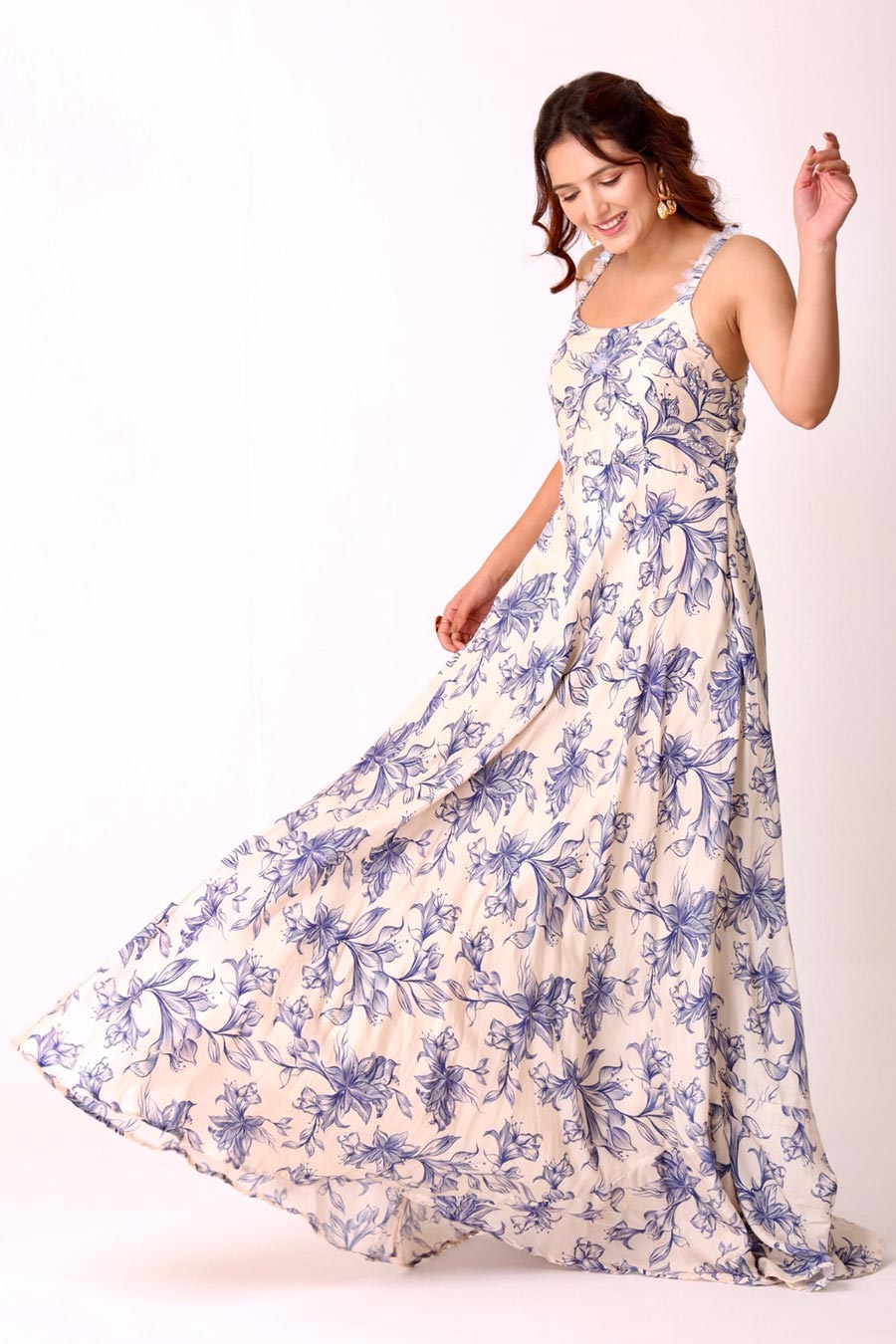 Ivory Floral Print Embroidered Gown Dress