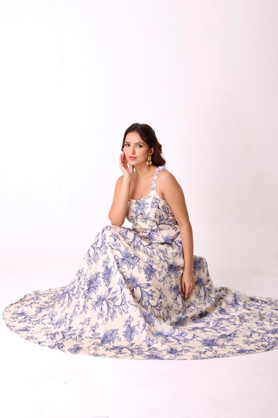 Ivory Floral Print Embroidered Gown Dress