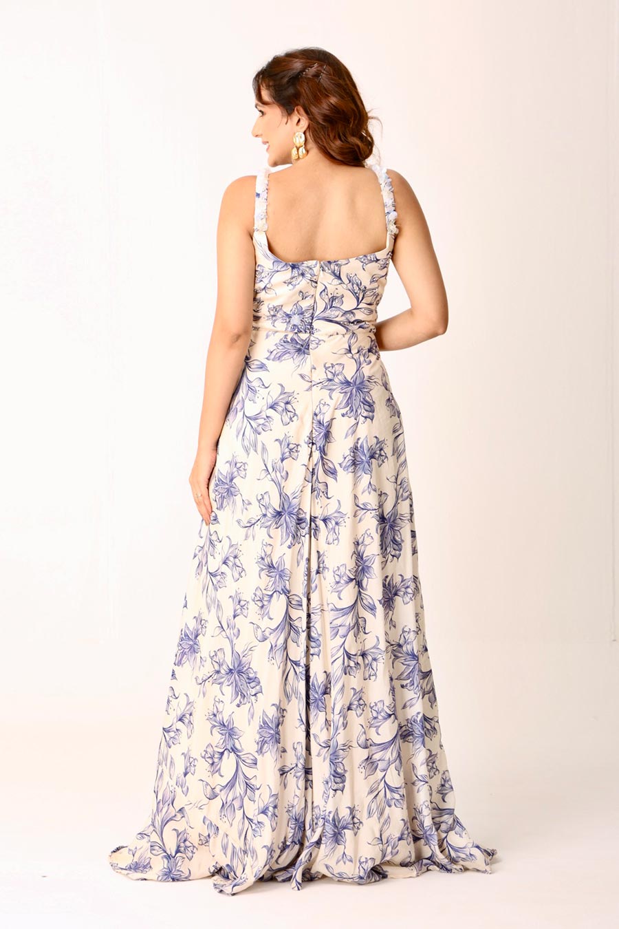 Ivory Floral Print Embroidered Gown Dress