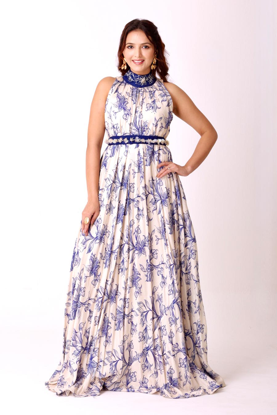 Ivory Floral Embroidered Gown With Embellished Belt