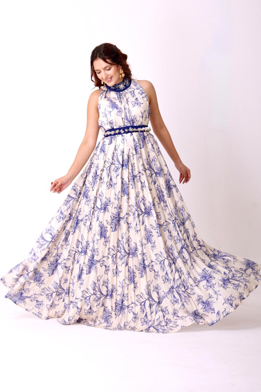 Ivory Floral Embroidered Gown With Embellished Belt