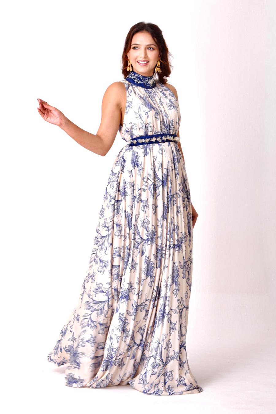 Ivory Floral Embroidered Gown With Embellished Belt