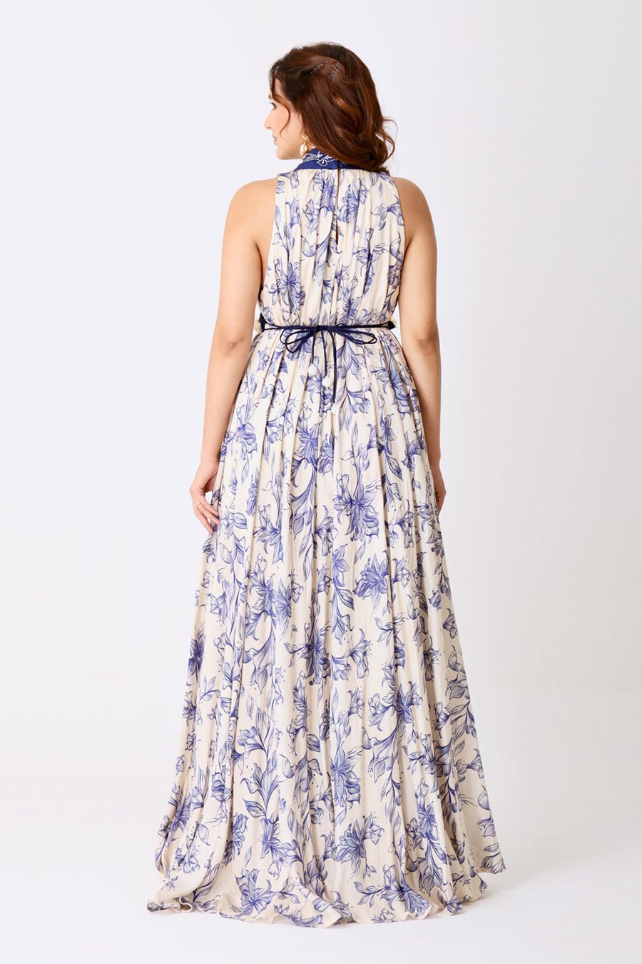 Ivory Floral Embroidered Gown With Embellished Belt