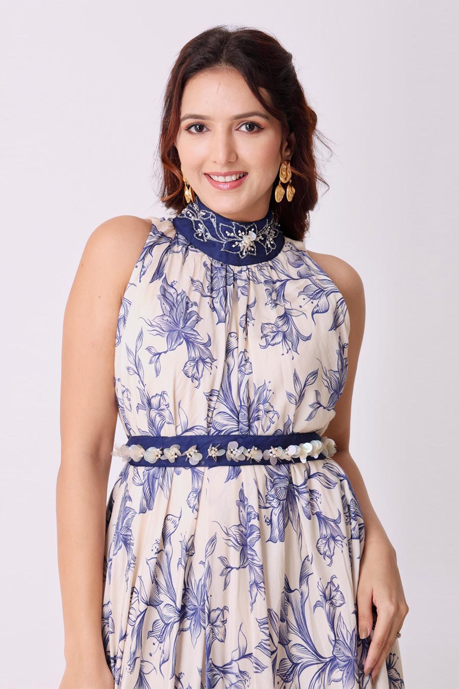 Ivory Floral Embroidered Gown With Embellished Belt