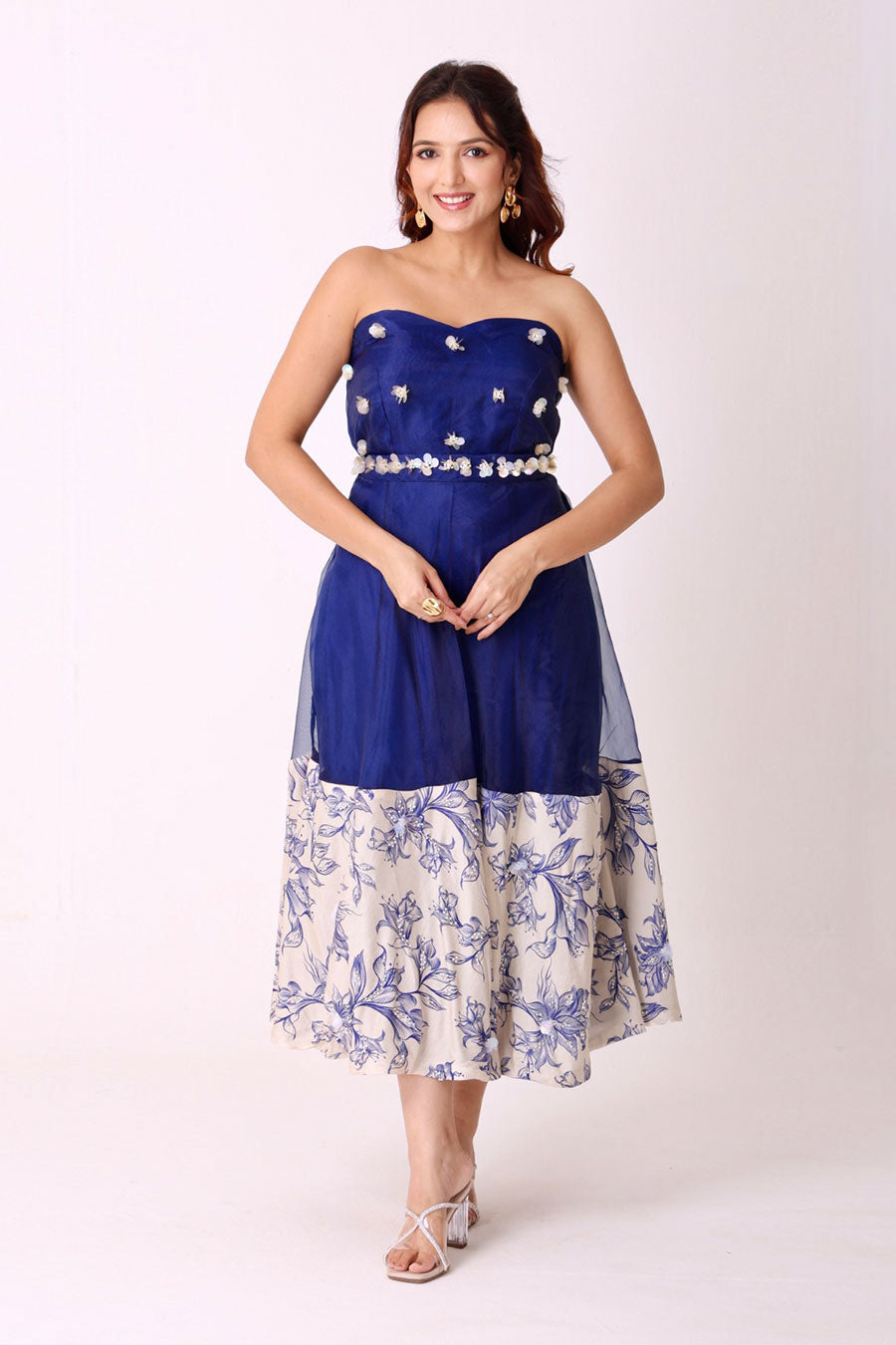 Navy-Ivory Floral Embroidered Midi Dress With Belt