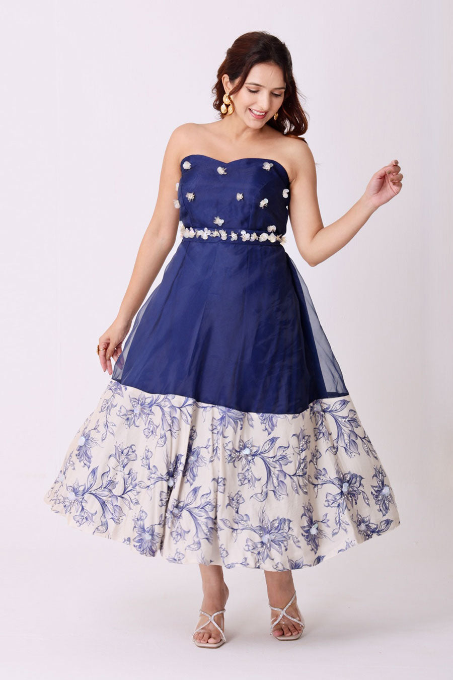 Navy-Ivory Floral Embroidered Midi Dress With Belt