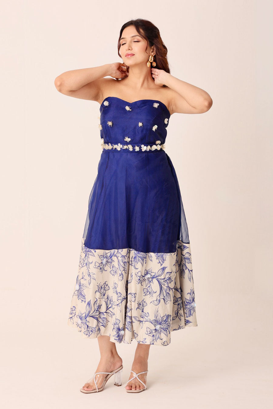 Navy-Ivory Floral Embroidered Midi Dress With Belt
