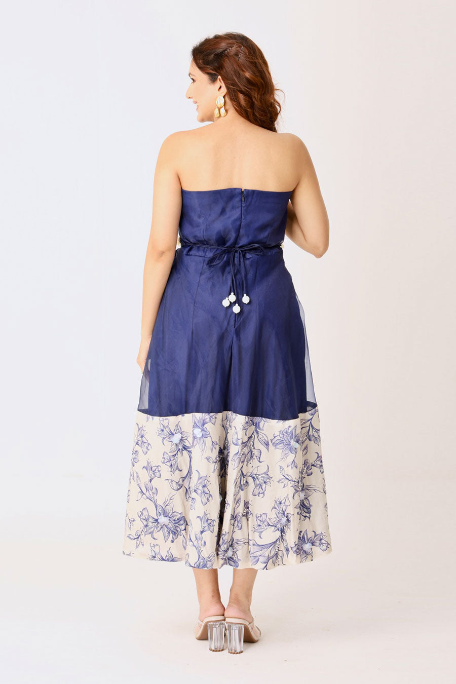 Navy-Ivory Floral Embroidered Midi Dress With Belt