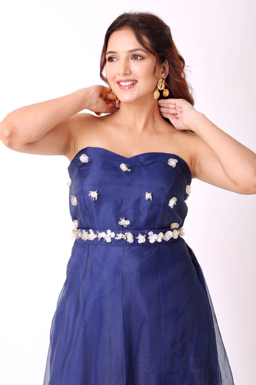 Navy-Ivory Floral Embroidered Midi Dress With Belt