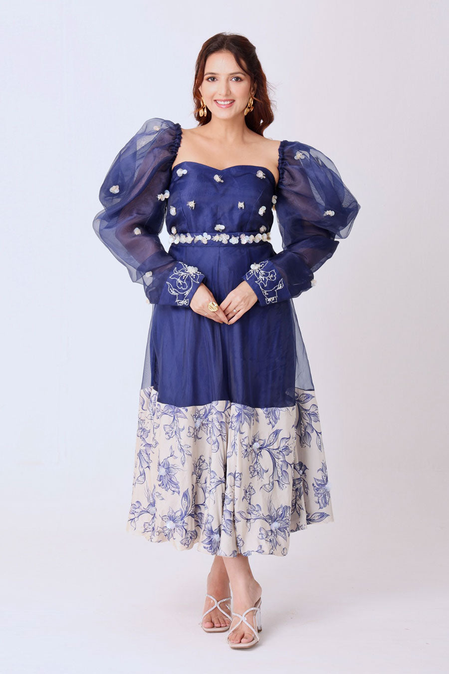 Navy-Ivory Embroidered Dress With Belt & Removable Sleeves