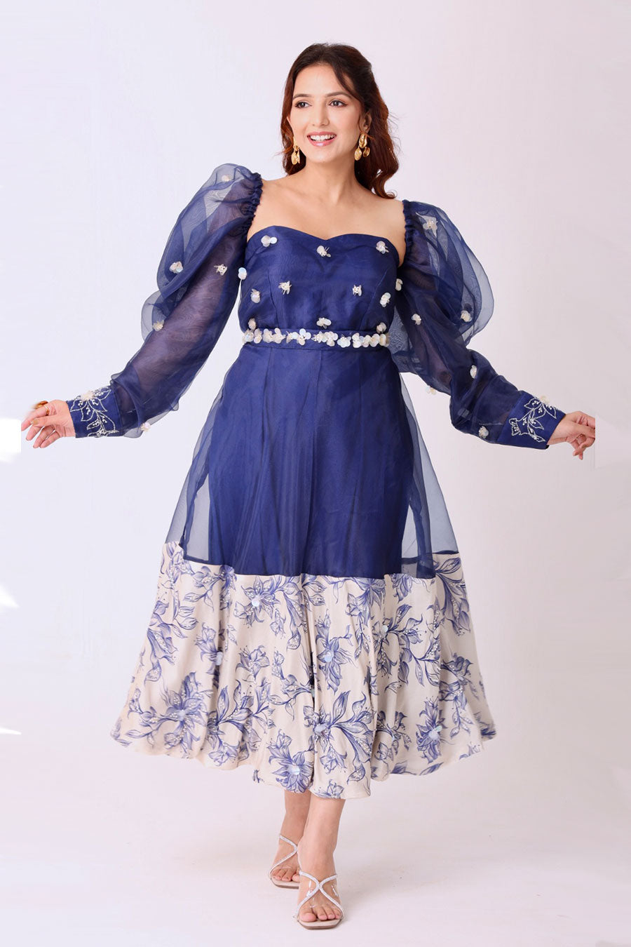 Navy-Ivory Embroidered Dress With Belt & Removable Sleeves