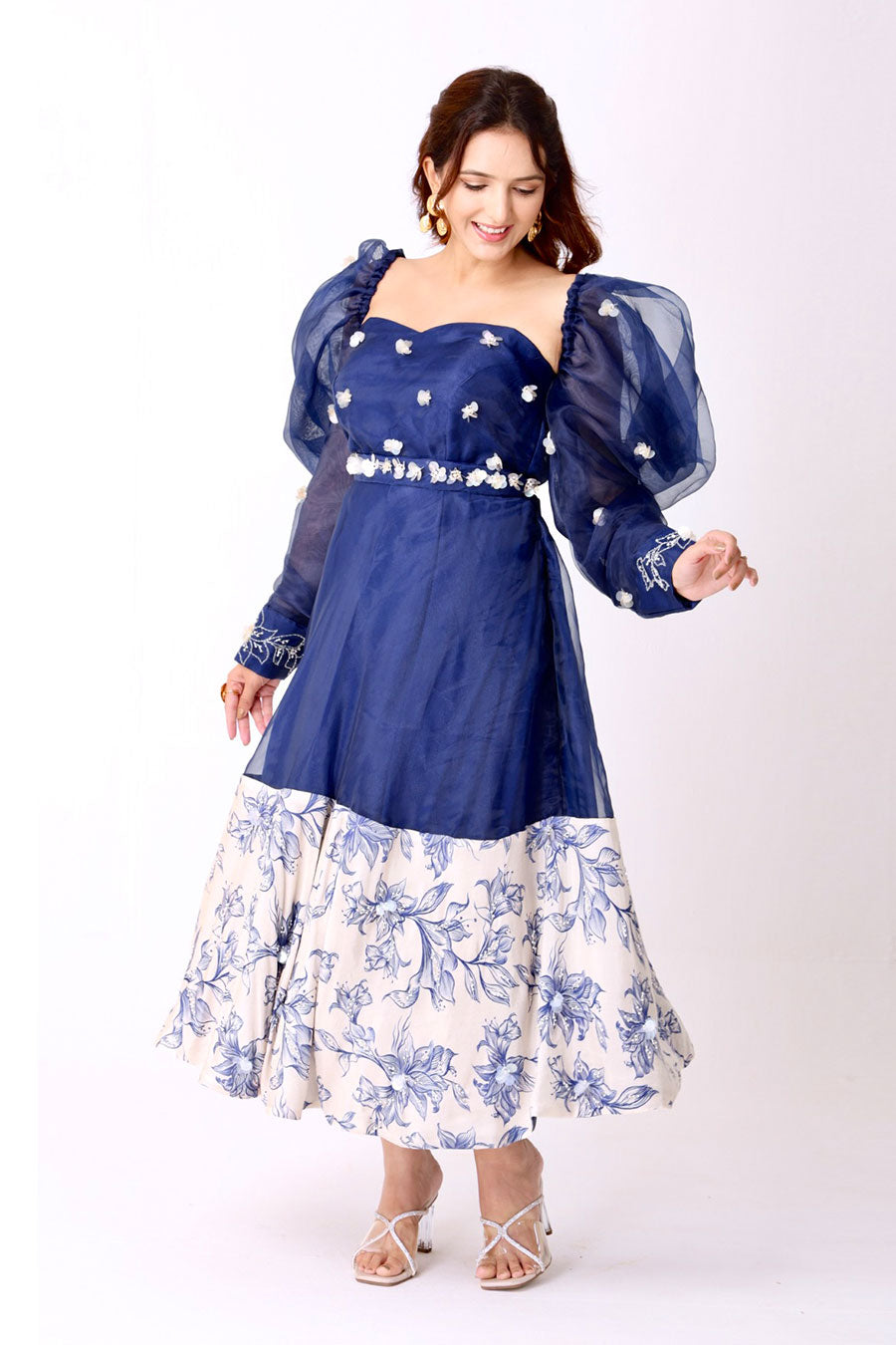 Navy-Ivory Embroidered Dress With Belt & Removable Sleeves