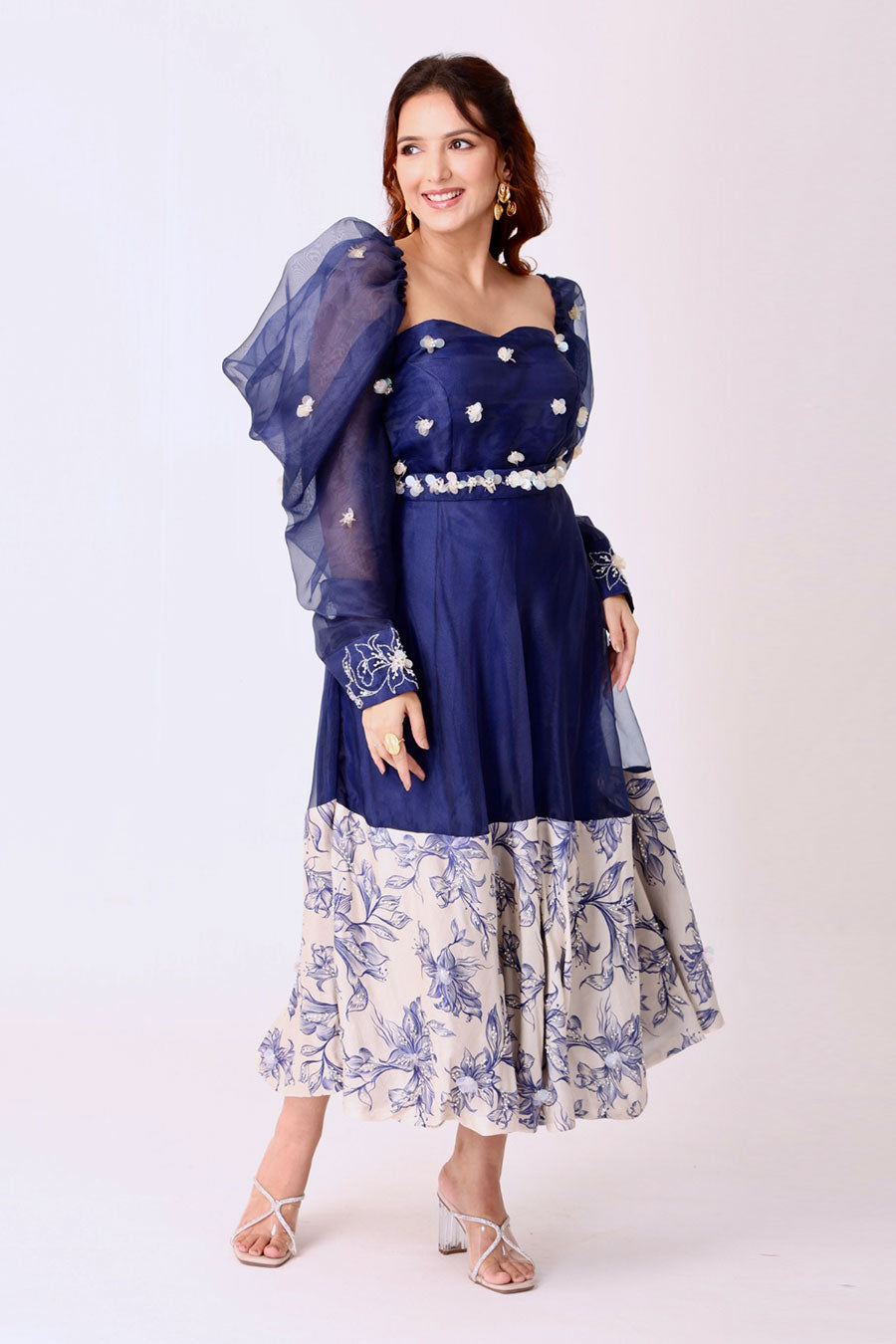 Navy-Ivory Embroidered Dress With Belt & Removable Sleeves