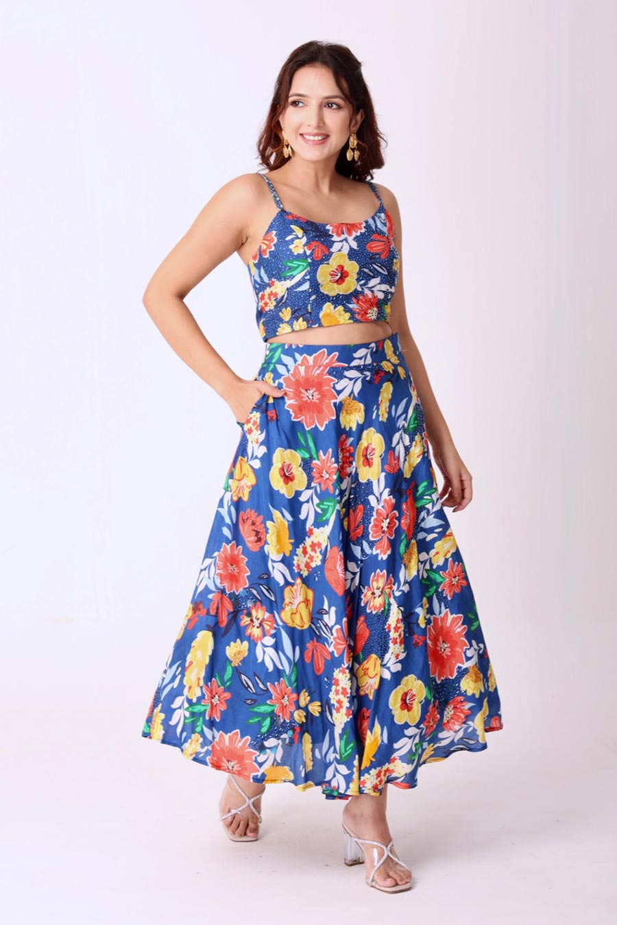 Multicolour Floral Print Embroidered Top & Skirt Set