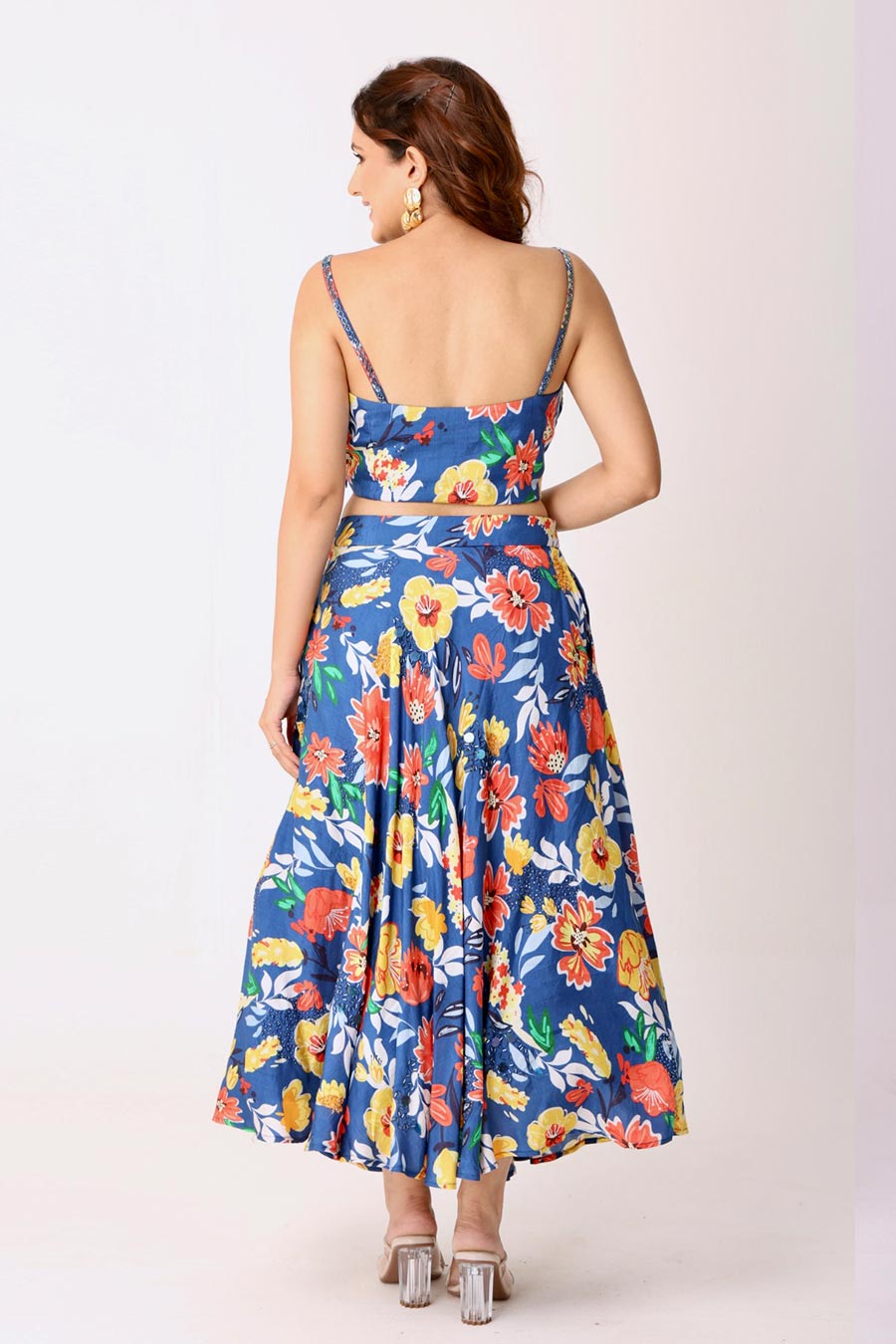 Multicolour Floral Print Embroidered Top & Skirt Set