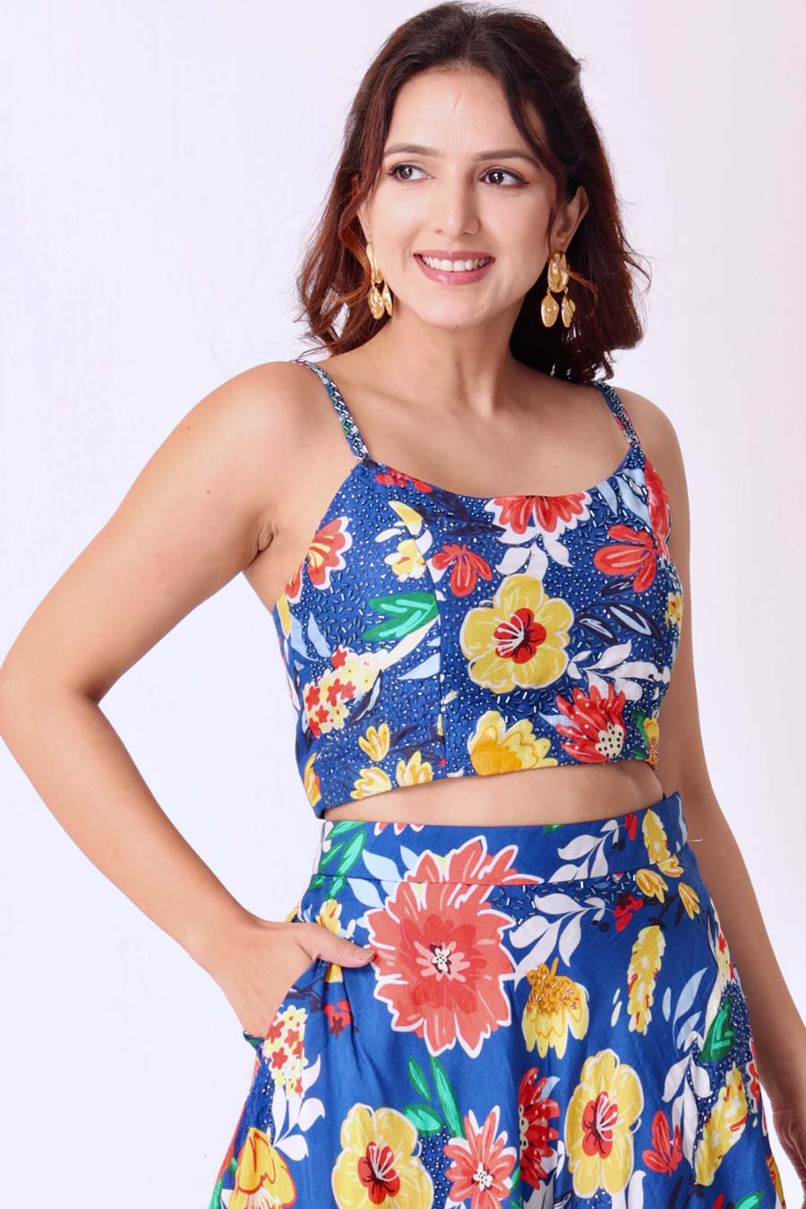 Multicolour Floral Print Embroidered Top & Skirt Set