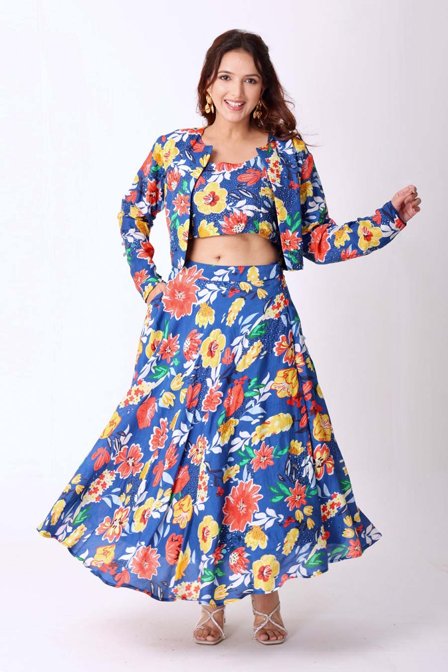 Multicolour Floral Print Embroidered Skirt Set With Jacket
