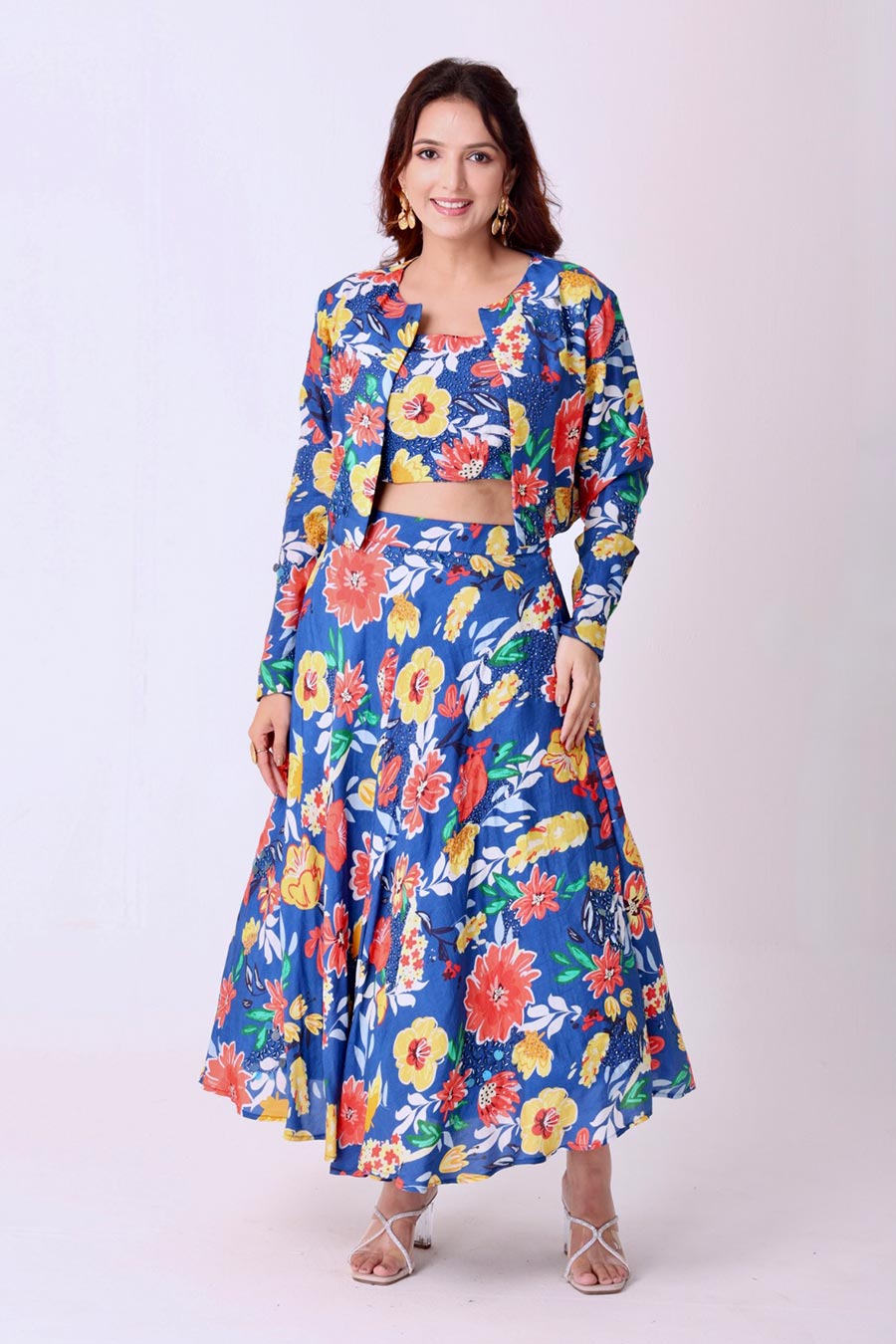 Multicolour Floral Print Embroidered Skirt Set With Jacket