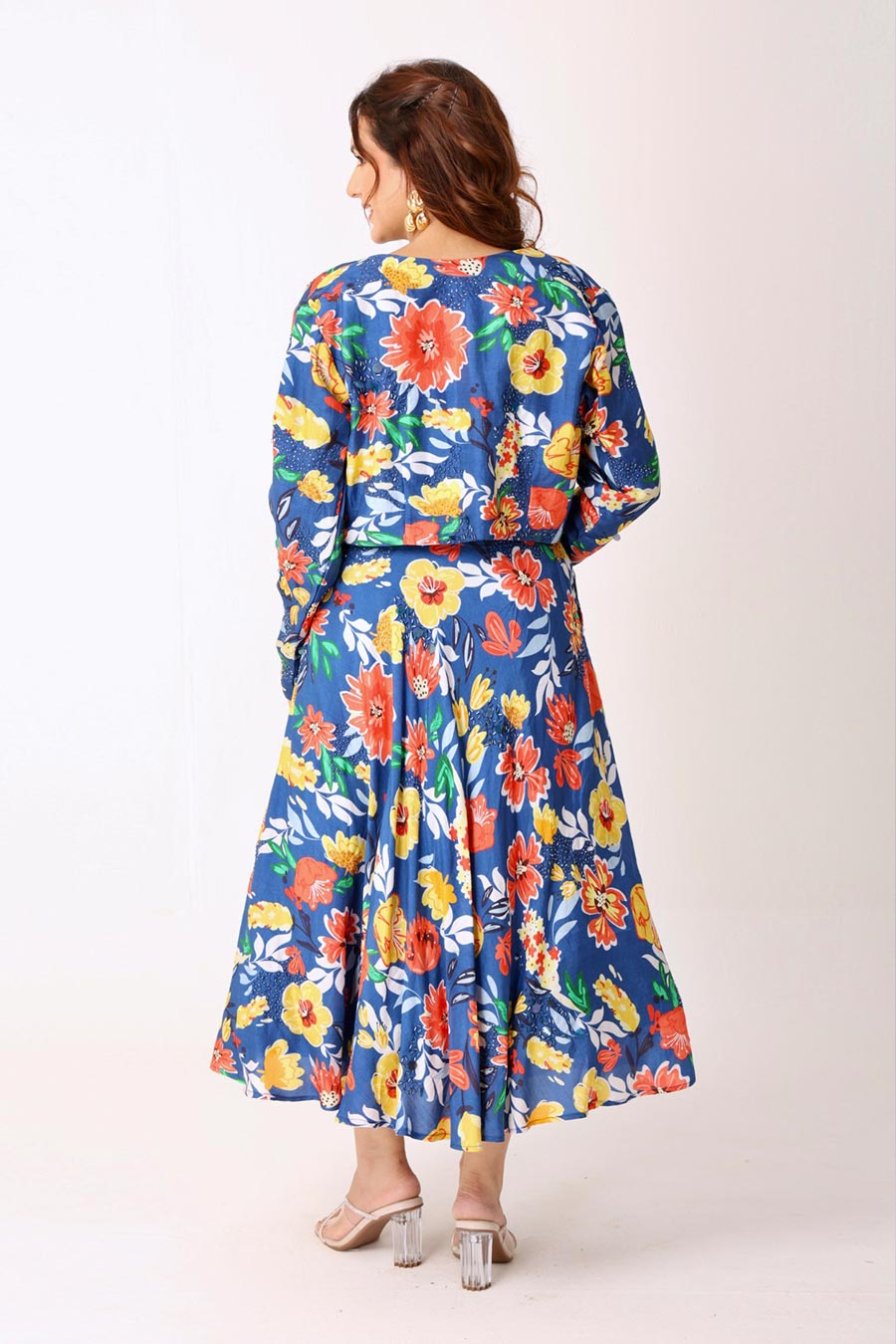 Multicolour Floral Print Embroidered Skirt Set With Jacket