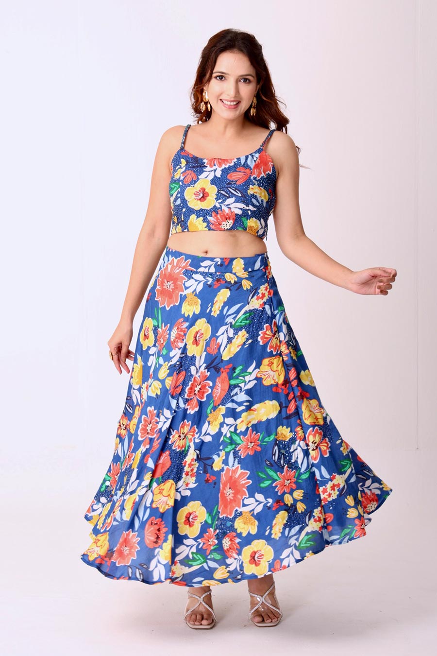 Multicolour Floral Print Embroidered Skirt Set With Jacket