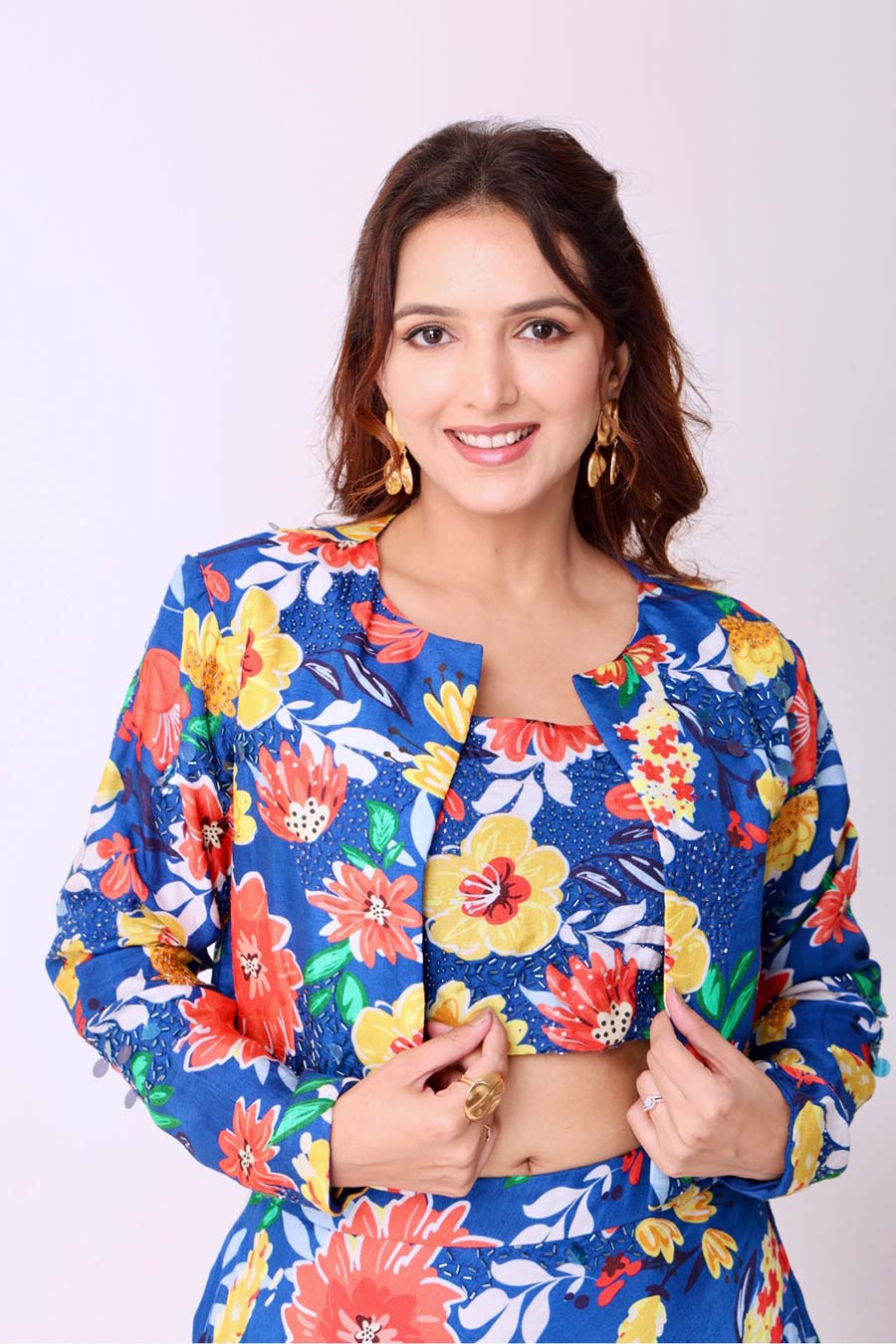 Multicolour Floral Print Embroidered Skirt Set With Jacket