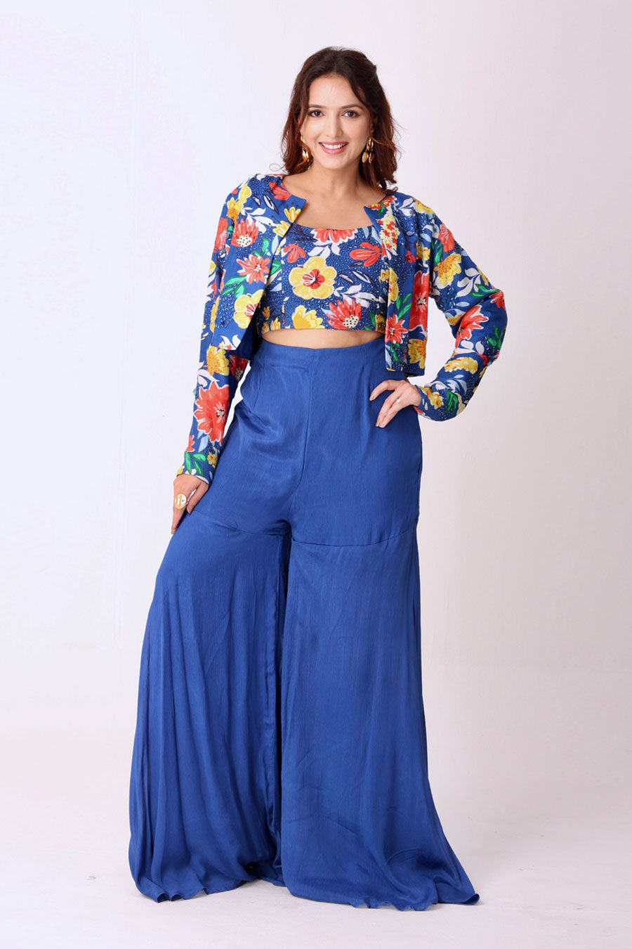 Blue Floral Print Embroidered Co-ord Set With Jacket
