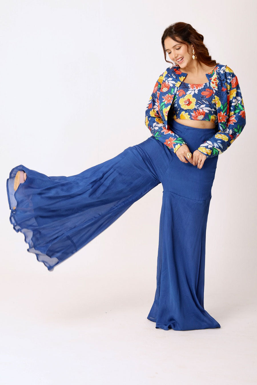 Blue Floral Print Embroidered Co-ord Set With Jacket