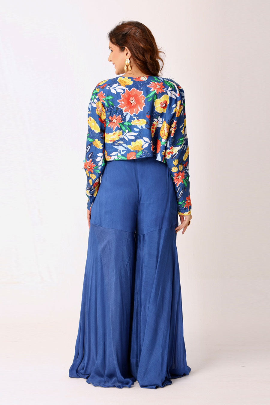 Blue Floral Print Embroidered Co-ord Set With Jacket