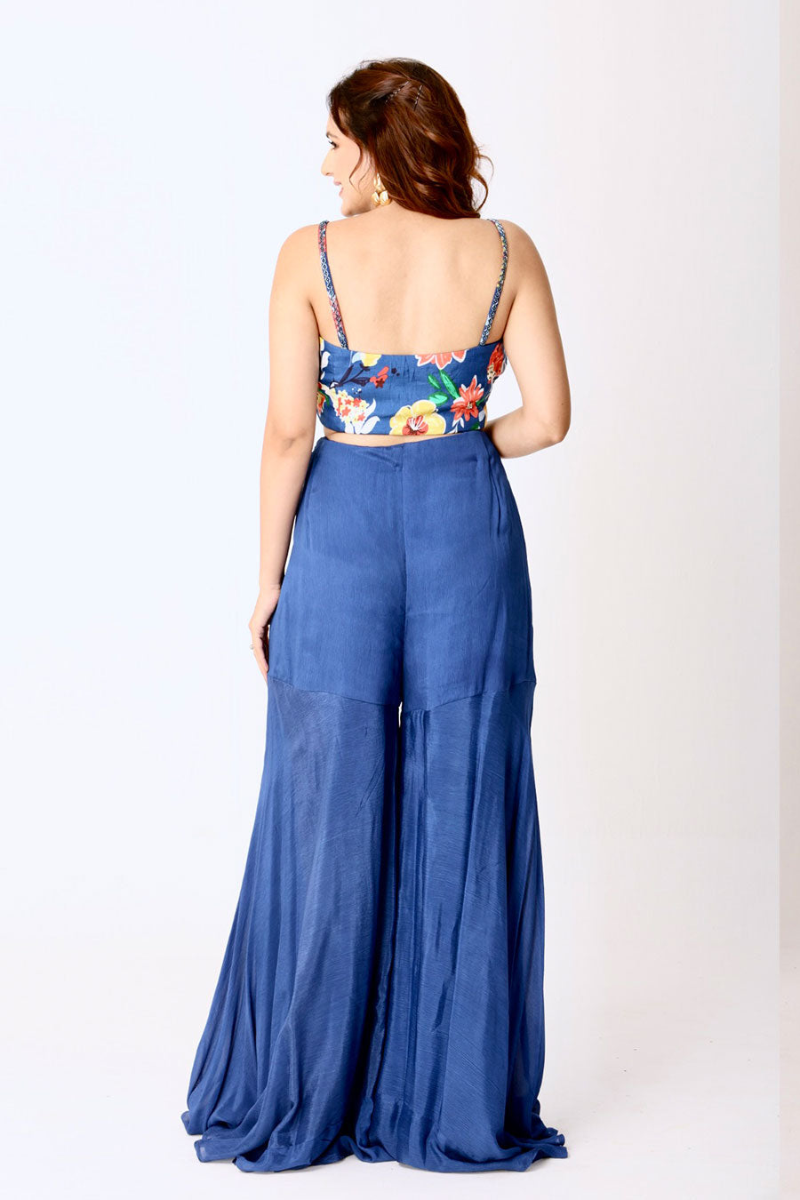 Blue Floral Print Embroidered Co-ord Set With Jacket