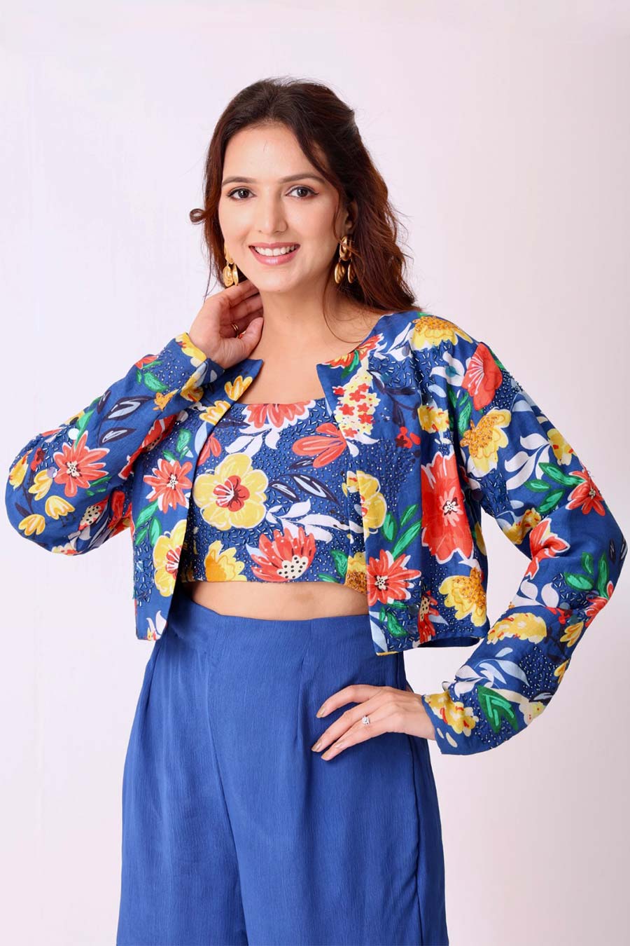 Blue Floral Print Embroidered Co-ord Set With Jacket