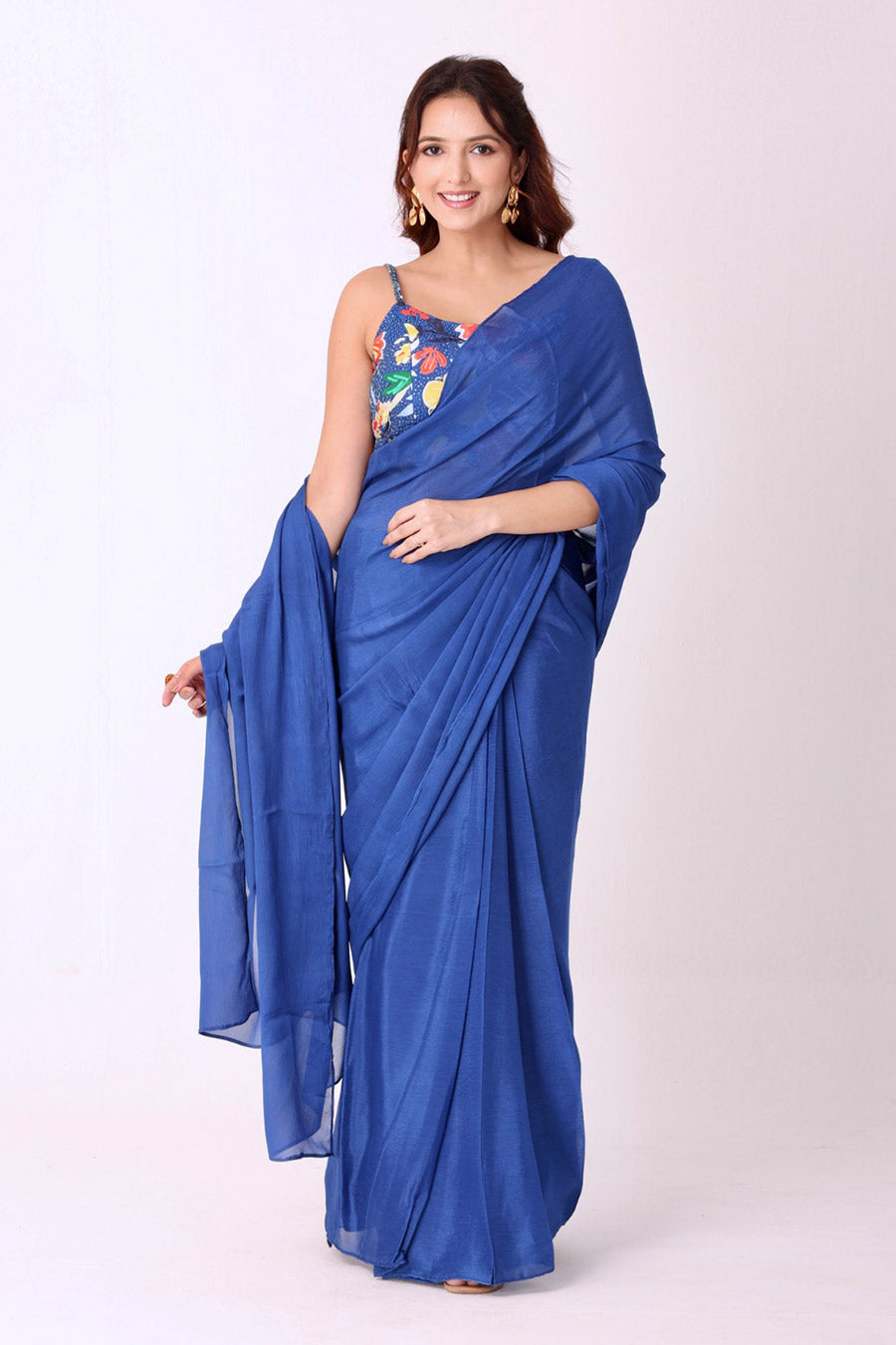 Blue Saree With Multicoloured Embroidered Blouse