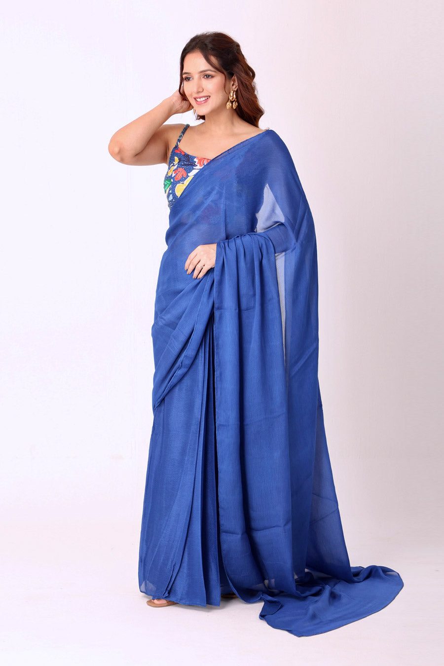 Blue Saree With Multicoloured Embroidered Blouse