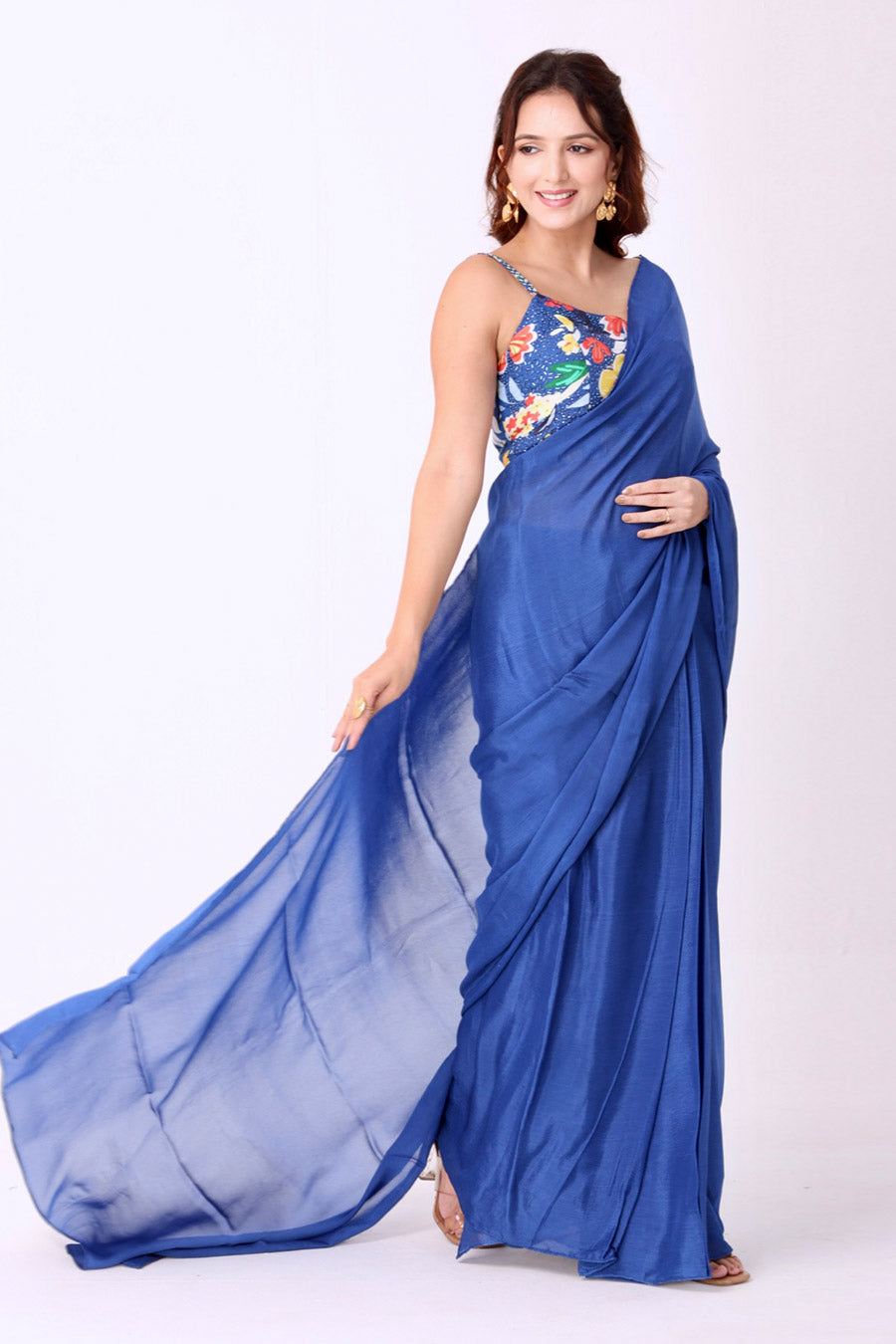 Blue Saree With Multicoloured Embroidered Blouse