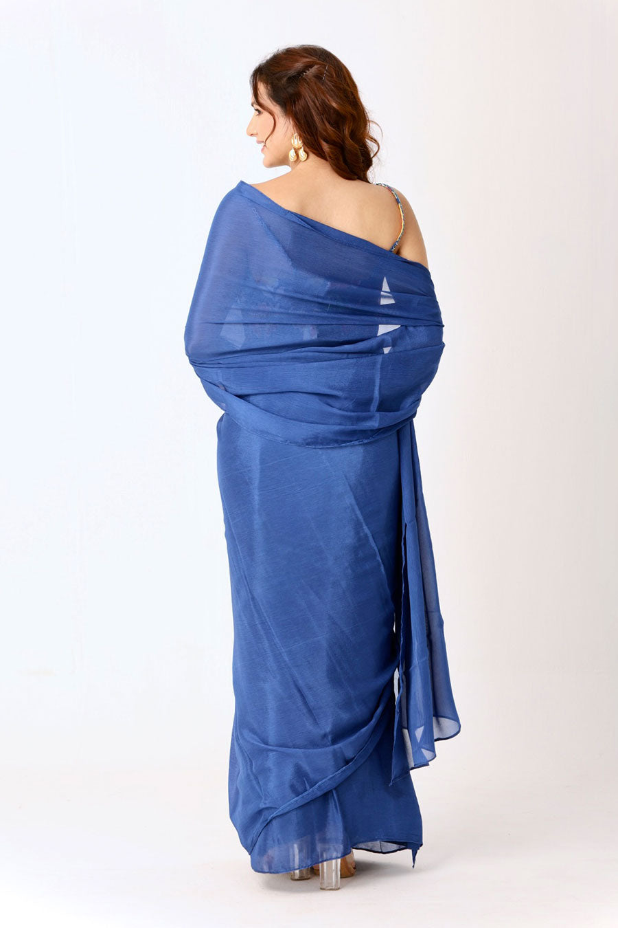 Blue Saree With Multicoloured Embroidered Blouse