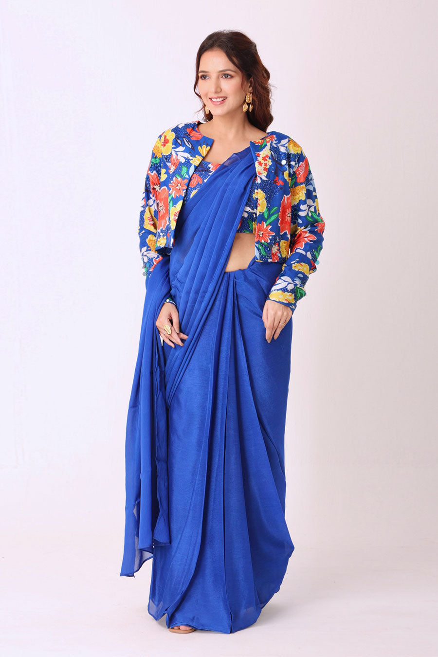 Blue Saree With Multicoloured Embroidered Blouse & Jacket
