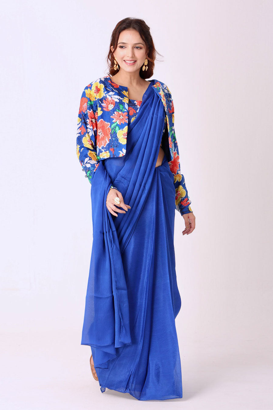 Blue Saree With Multicoloured Embroidered Blouse & Jacket