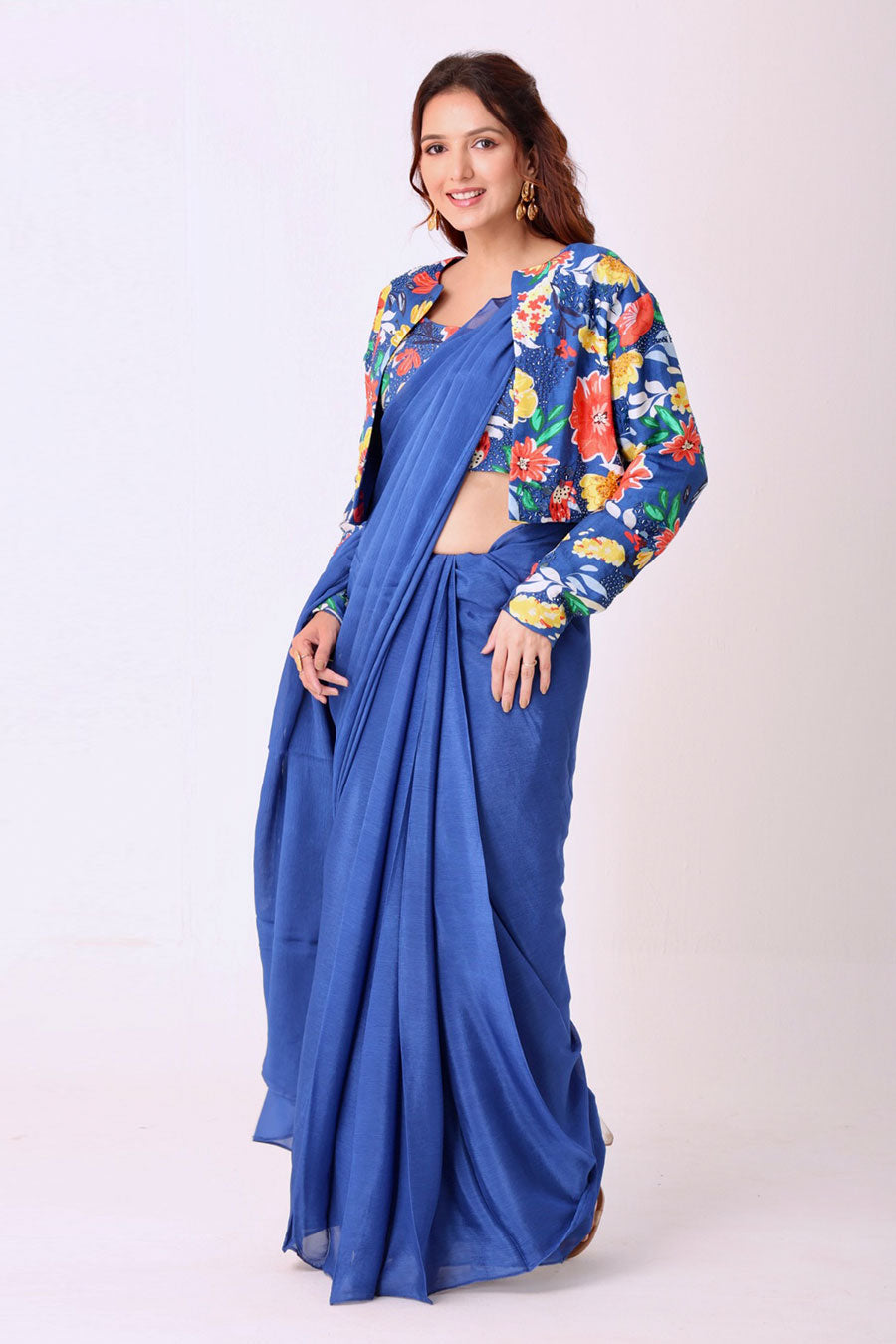 Blue Saree With Multicoloured Embroidered Blouse & Jacket