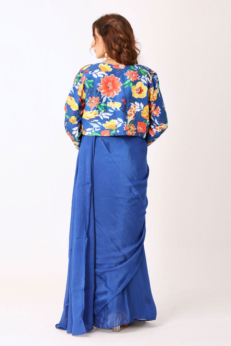 Blue Saree With Multicoloured Embroidered Blouse & Jacket