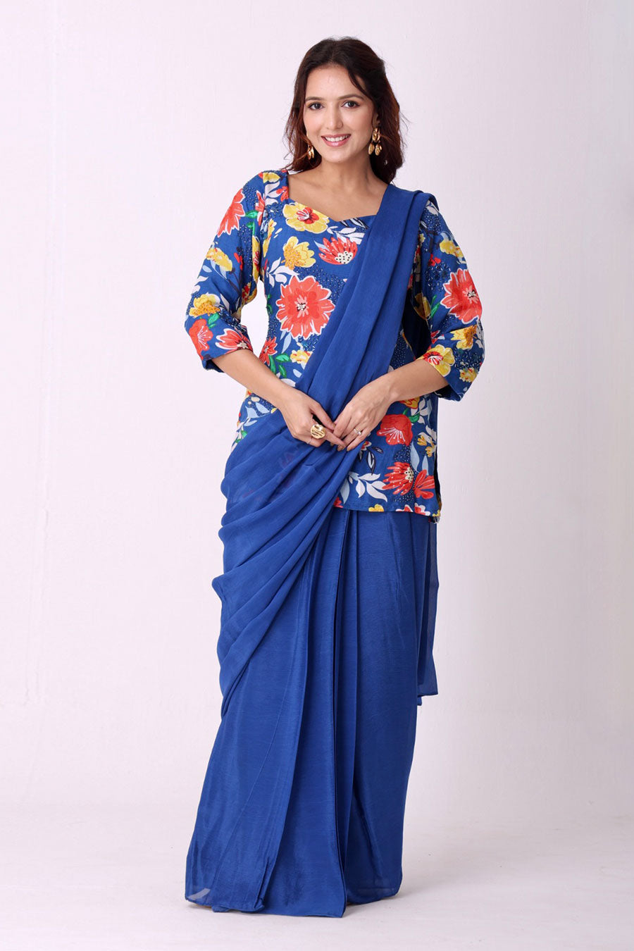 Blue Saree With Multicoloured Embroidered Kurti
