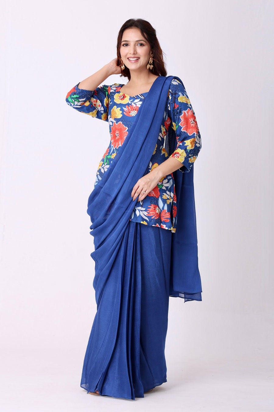 Blue Saree With Multicoloured Embroidered Kurti