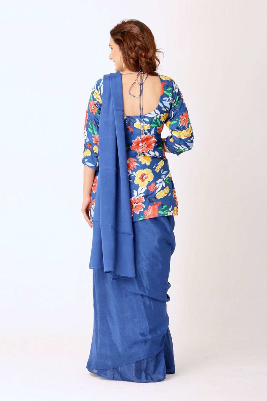 Blue Saree With Multicoloured Embroidered Kurti