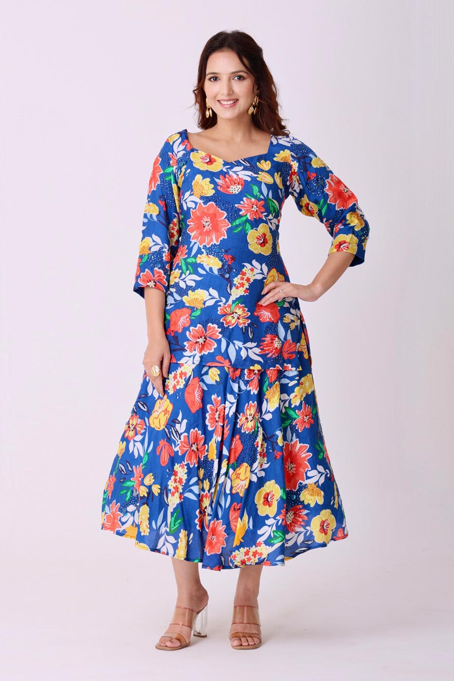 Multicolour Floral Print Embroidered Kurti & Skirt Set